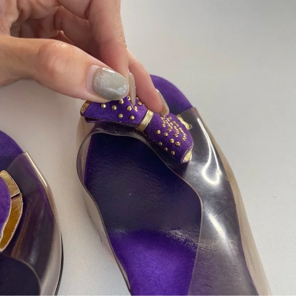 Vintage Onex Purple Gold Clear Studded Bow Retro Slingback Heels 80s 90s Size 9 - Picture 10 of 10